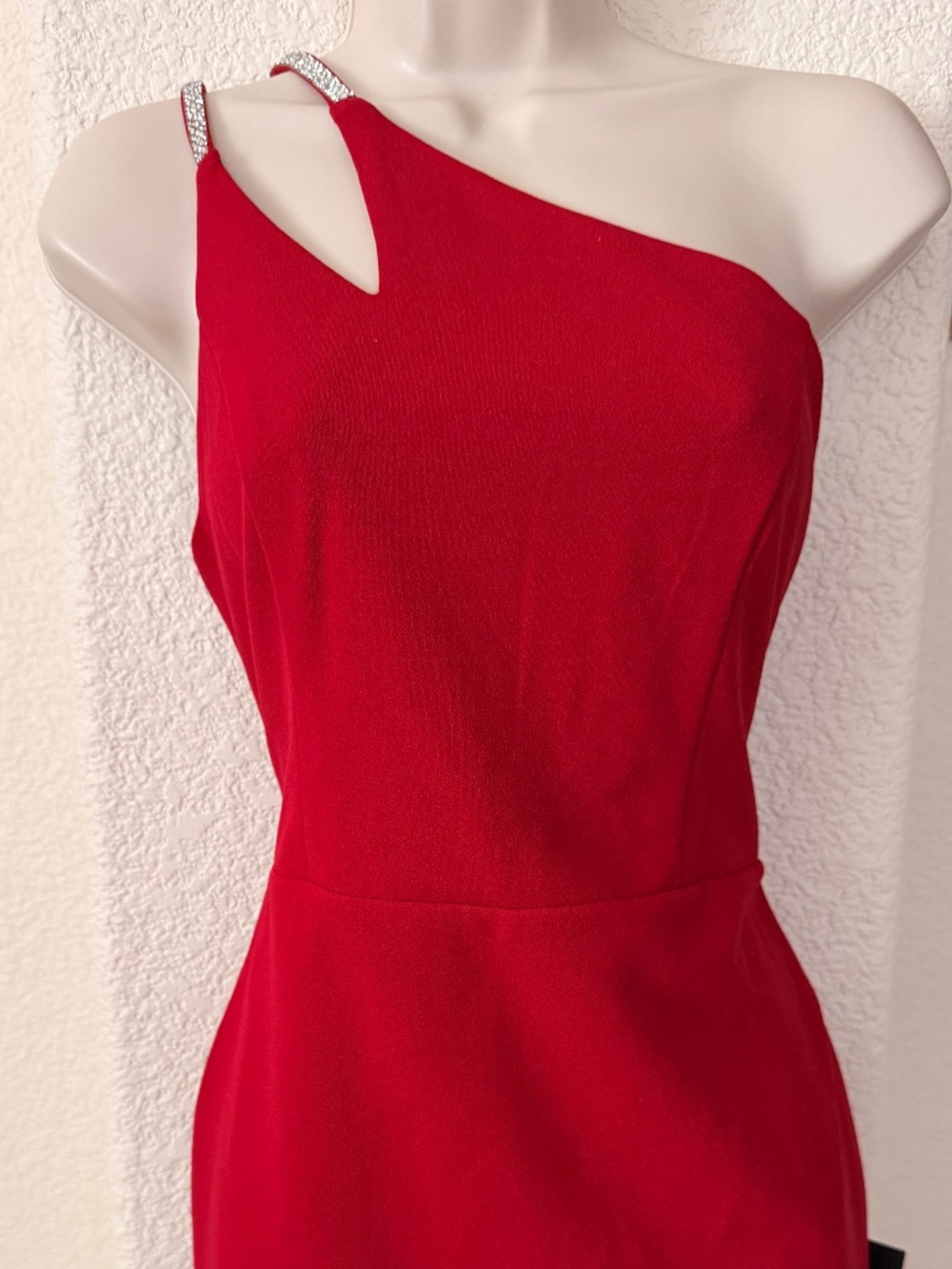 Red One Shoulder Crystal Stap Dress